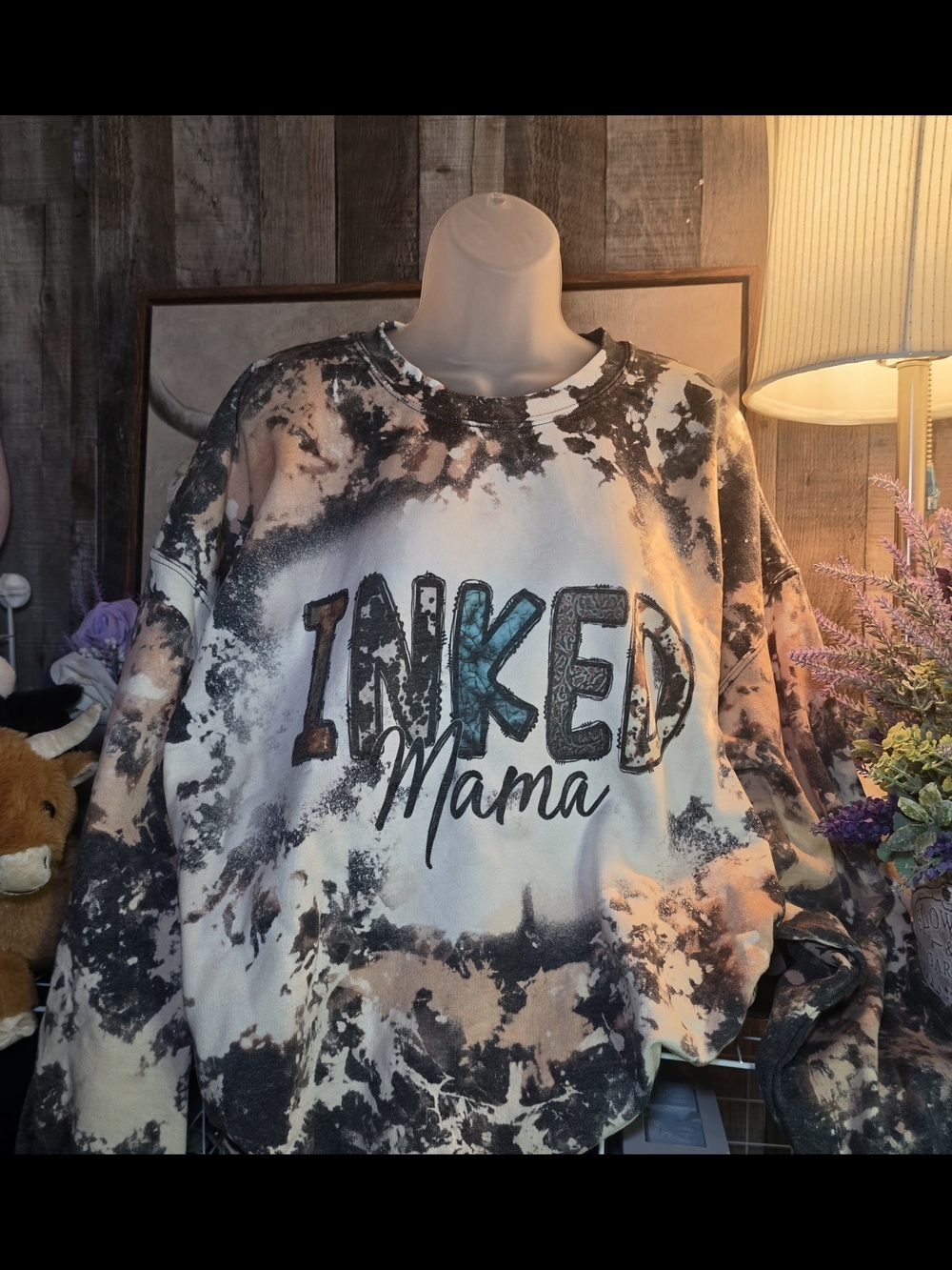 Inked Mama Bleached Cow Print Crewneck Sweatshirt - Black & Cream